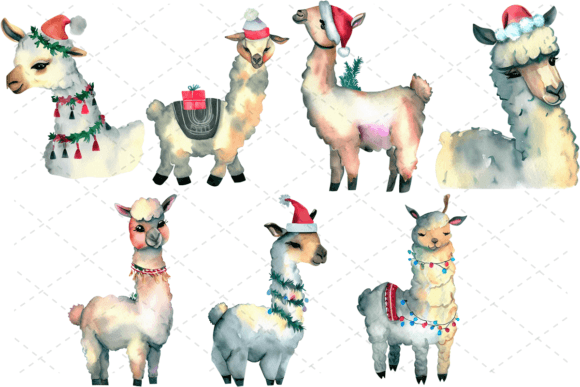 7 Watercolor Christmas Llamas Bundle: Festive Illustrations for Local Brands
