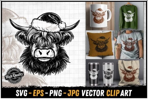 Adorable Highland Cow Christmas Hat Illustrations