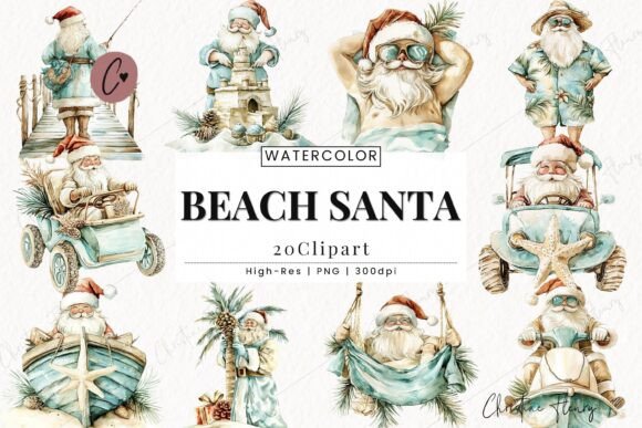Beach Santa Clipart, Beach Christmas PNG