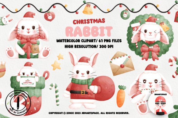 Christmas Rabbit Watercolor Clipart for Illustrations