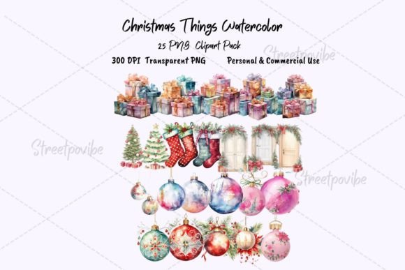 Christmas Things Watercolor Clipart PNG for Illustrations