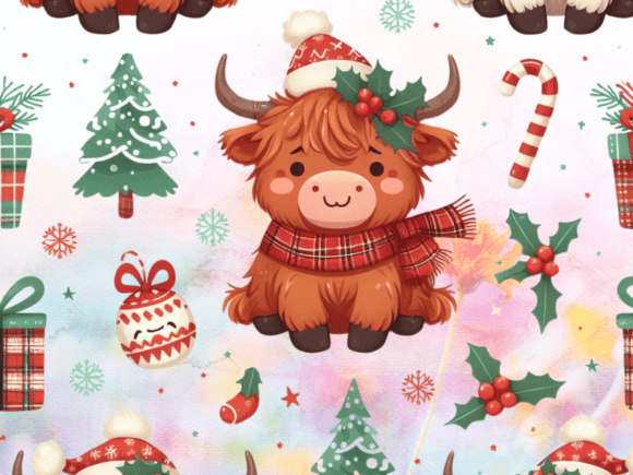 Cute Christmas Highland Cow Clipart Grap for Modern Illustrations