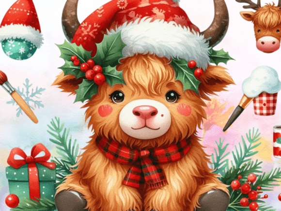 Cute Christmas Highland Cow Graphic for Branding and Illustrations