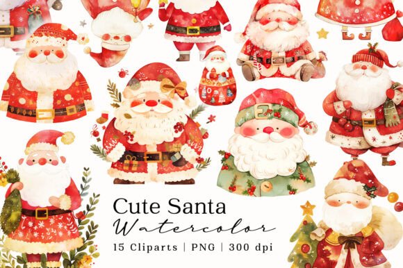 Cute Santa Christmas Watercolor Clipart for Illustrations