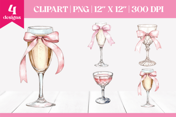 Pink Christmas Champagne Glasses Clipart for Modern Illustrations