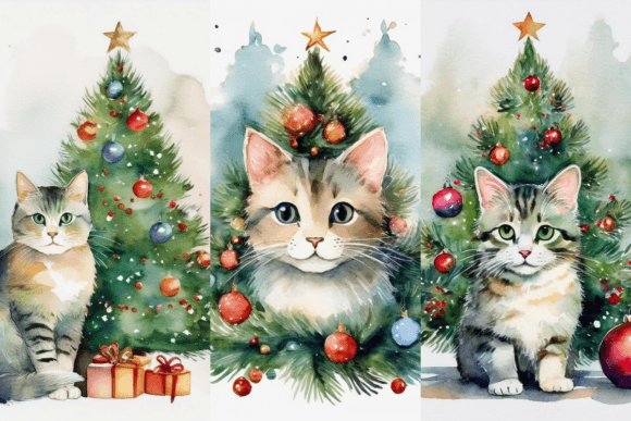 Watercolor Christmas Cat Illustrations