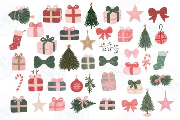 Watercolor Christmas Clipart 42 PNGs Set for Illustrations